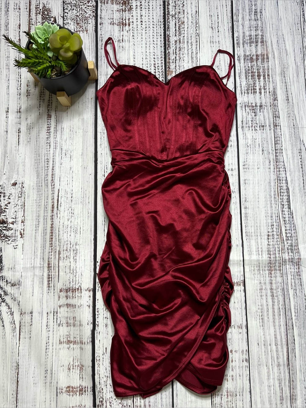 Emerald Sundae Burgundy Satin Ruched Dress
